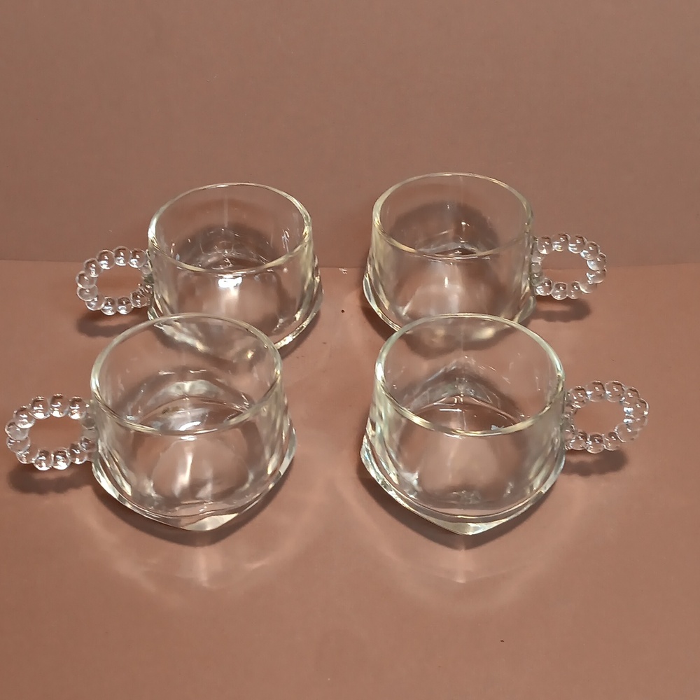 4 Vintage Hazel Atlas Orchard Glass Geometric Punch Cups W/ Bubble Handles